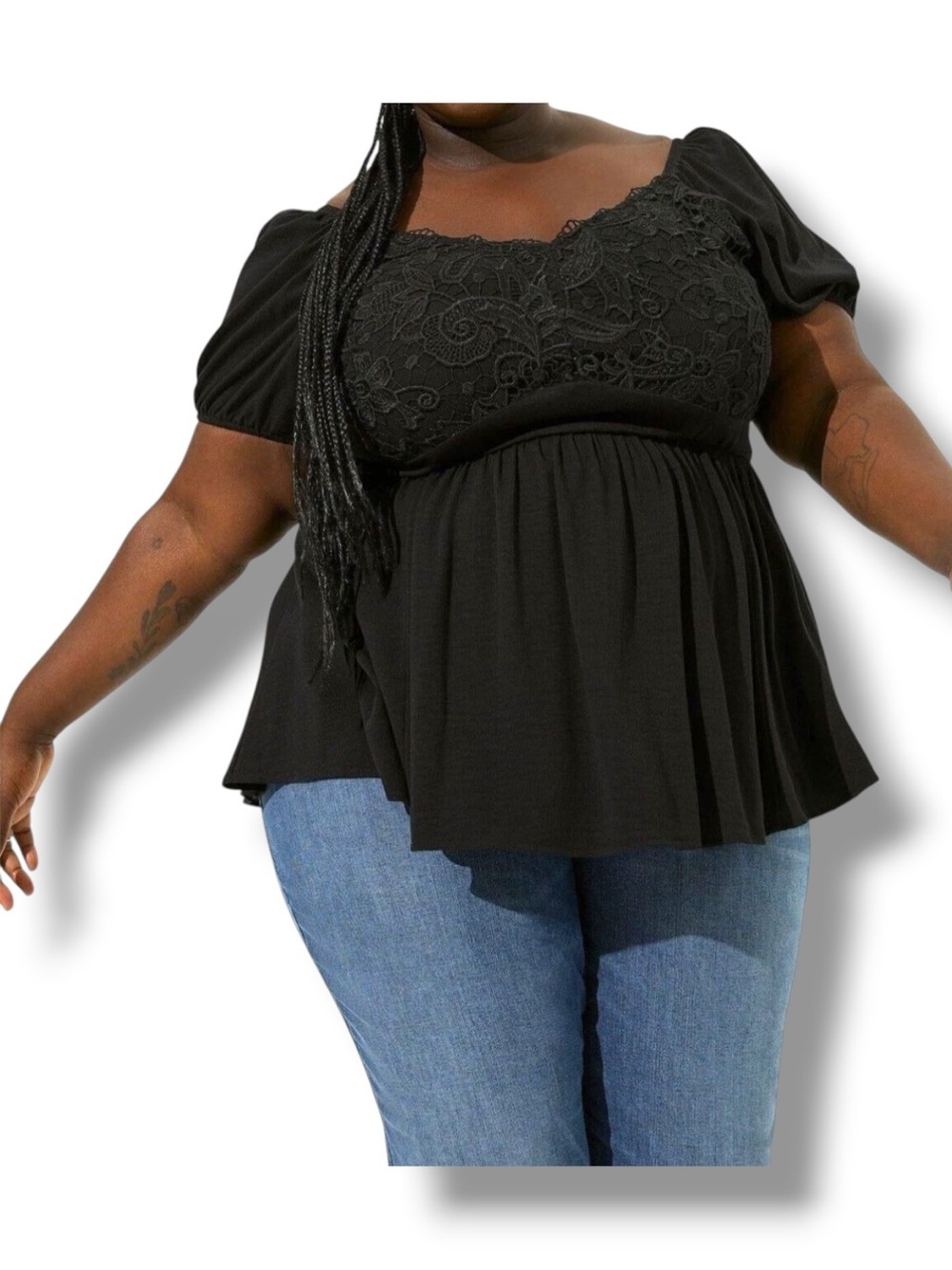 torrid Black Lace Top Short Puff Sleeve Empire-Waist Flattering Peplum Tunic